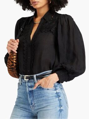 Alice + Olivia Black Puff-Sleeve Lace-Trim Blouse